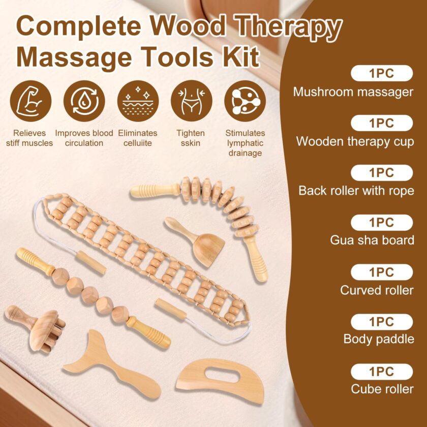 7-in-1 Wood Therapy Massage Tools for Body Sculpting & Lymphatic Drainage